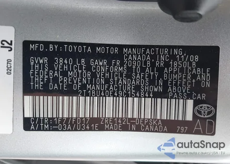2009 Toyota Corolla S из США, поврежденный, VIN 2T1BU40E49C154844